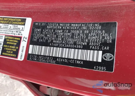 2010 Toyota Camry Le из США, поврежденный, VIN 4T4BF3EK3AR004980